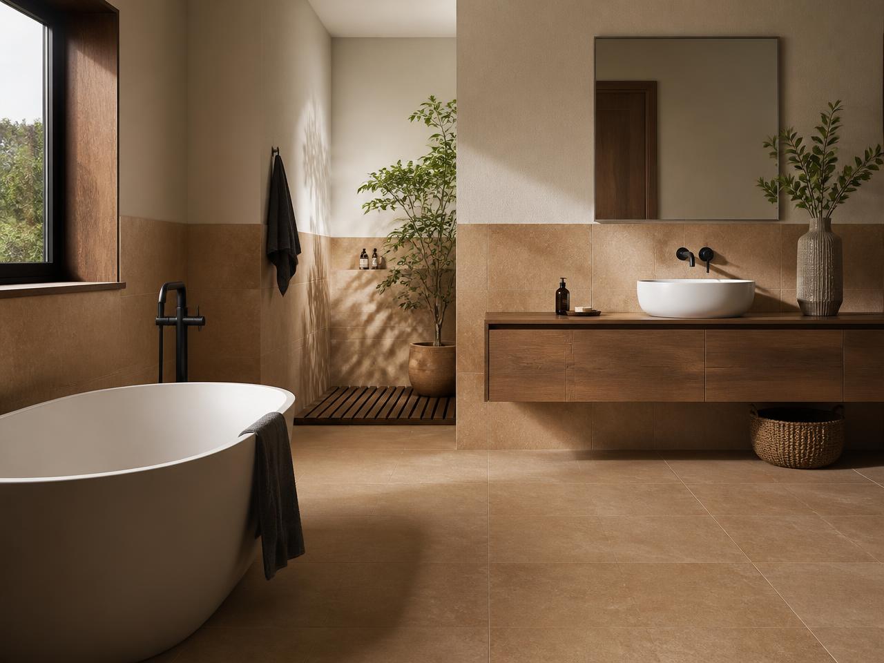 Salle de bain carrelée en grès cérame terre cuite